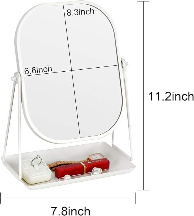 Tstarer Rotating Metal Makeup Mirror with Storage, Vanity Mirror for Desk, Bathroom, Bedroom, Dressing Table (White)