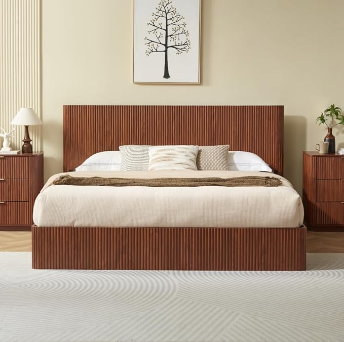 Bellemave King Lift Up Storage Bed, Walnut Wood Lift Up Bedframe King, Wooden Corrugated Curved Lines, Hydraulic Storage,Walnut