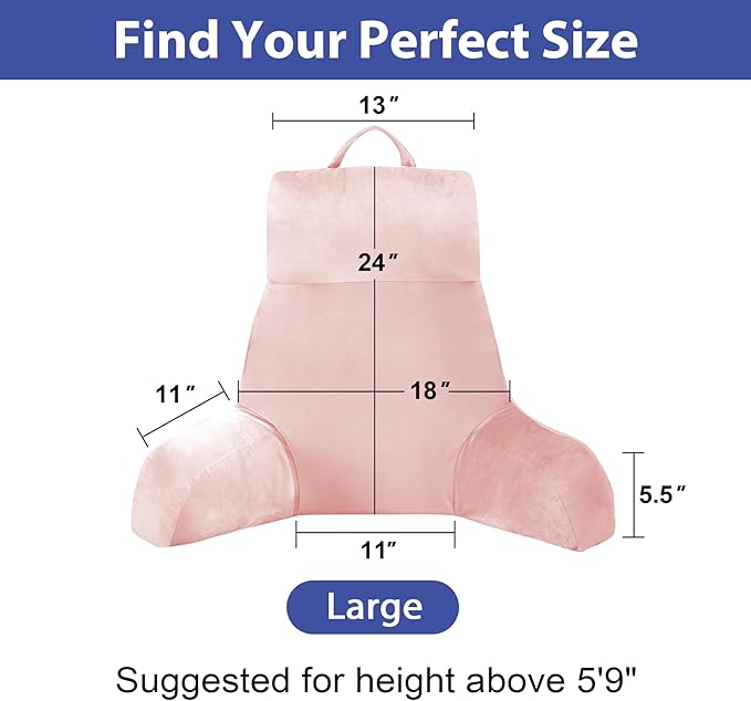 IPYNBAP Back Pillow for Bed Sitting up, Reading Pillow for Sitting in Bed Adult, Back Support Pillow, Memory Foam Sit up Lounge Backrest Pillow with Arms for TV, Couch, Chair, Dorm, 24 Inch, Pink