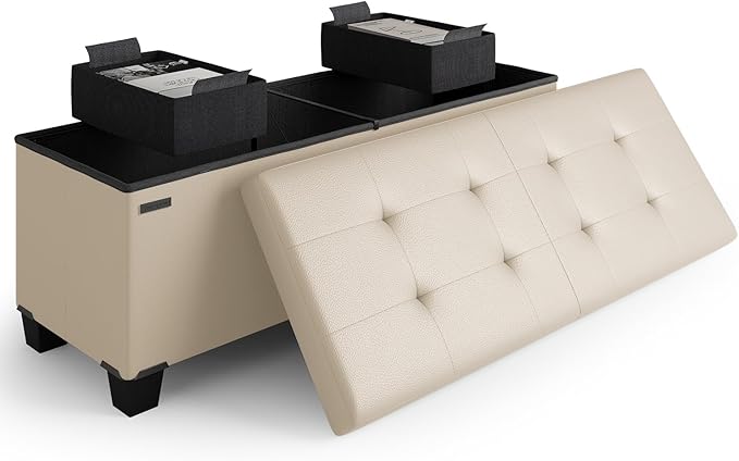 Storage Ottoman Bench with Bins, 43-in Storage Bench for Bedroom End of Bed, Folding Foot Rest Ottoman for Living Room Max 660lbs, Leather Ottomans, Beige