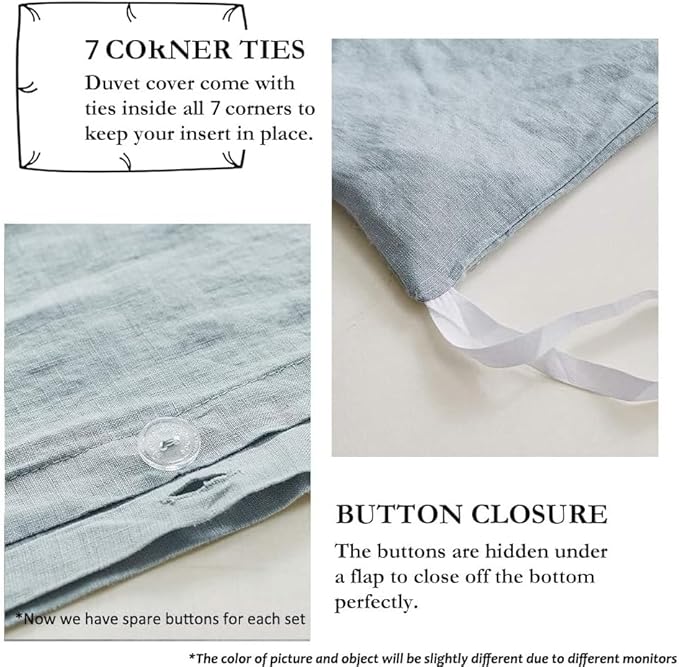 Simple&Opulence 100% Linen Duvet Cover Set with Embroidery Border Washed - 3 Pieces (1 Duvet Cover & 2 Pillow Shams) with Button Closure Soft Breathable Farmhouse - Dusty Blue, Full Size