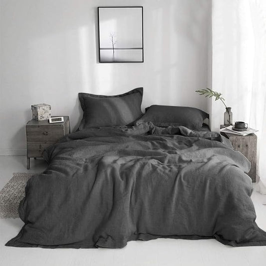 Simple&Opulence 100% Linen Duvet Cover Set with Embroidery Border Washed - 3 Pieces (1 Duvet Cover with 2 Pillow Shams) with Button Closure Soft Breathable Farmhouse - Dark Grey, Full Size