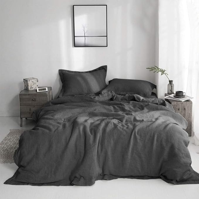 Simple&Opulence 100% Linen Duvet Cover Set with Embroidery Border Washed - 2 Pieces (1 Duvet Cover & 1 Pillow Sham) with Button Closure Soft Breathable Farmhouse - Dark Grey, Twin Size