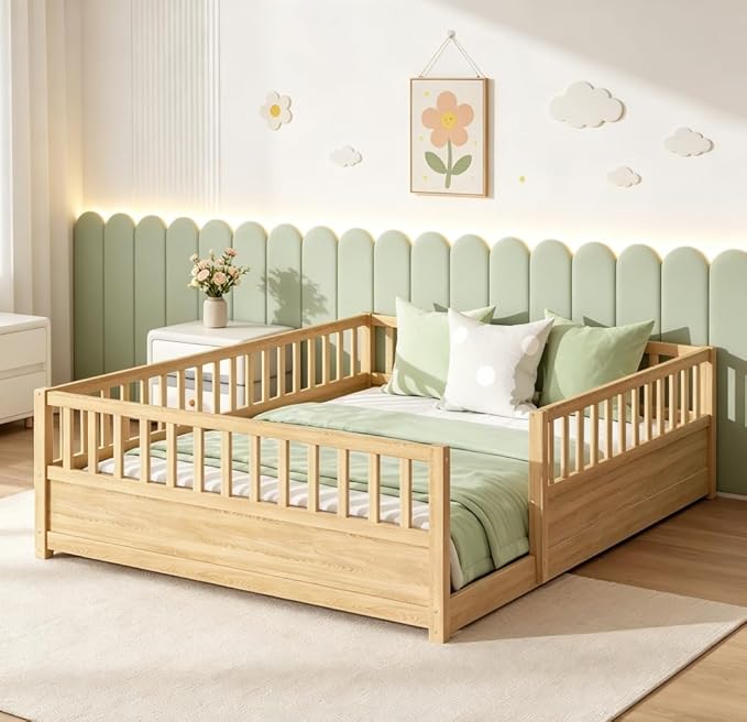 Bellemave Queen Floor Bed with high Fence, Solid Pine Wood Montessori Bed for Kids Girls Boys Floor Bed Frame, Natural with slats
