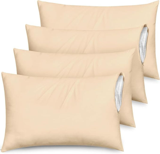 Ultra Soft Pillow Protectors with Zipper Standard Size - Set of 4 Breathable Pillow Covers - 100% Protection Against Stains, Dust & Dirt - Machine Washable (Cream)