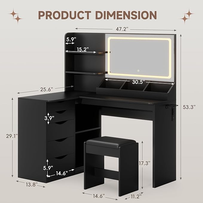 Furmax Vanity Desk with Mirror, L Shape Vanity, LED Lighted Mirror, with Power Outlet and 3 Storage Shelves, Makeup Table with 5 Drawers, 3 Color Modes, for Bedroom(Black)