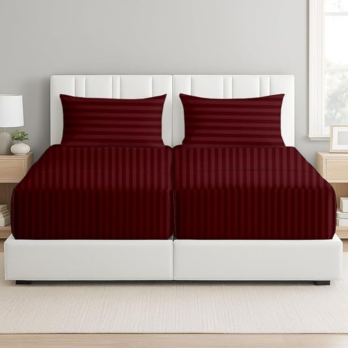5 Piece Split Queen Sheet Set, 100% Egyptian Cotton, 16 Inch Deep Pockets, Burgundy Stripe, Soft Cooling Sheets for Adjustable Beds, Sleep Number Beds, Split Queen Mattress Sheet Set