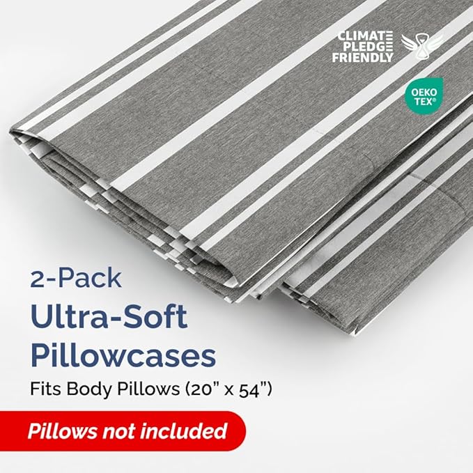 Body Pillowcases Set of 2-20x54 Long Body Pillow Case - Soft Body Pillow Cover for Sleeping & Side Sleepers - Comfy, Wrinkle & Fade Free - Machine Washable w/Envelope Enclosure Grey Stripes 3