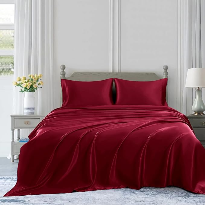 Homiest 4pcs Satin Sheets Set Luxury Silky Satin Bedding Set with Deep Pocket, 1 Fitted Sheet + 1 Flat Sheet + 2 Pillowcases (King Size, Burgundy)