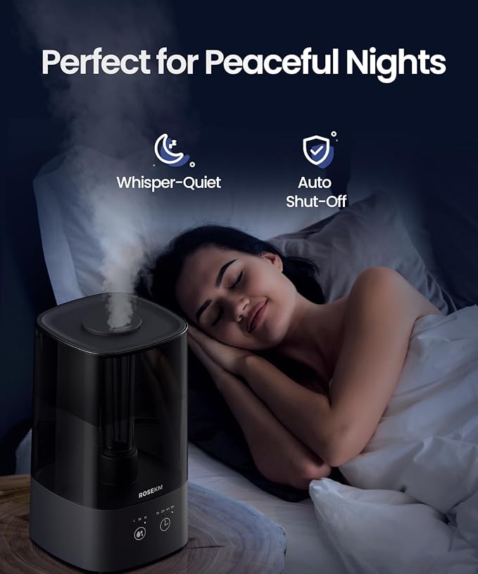 ROSEKM 4.5L Humidifiers for Bedroom, Humidifiers for Home Large Room, Cool Mist Humidfiers for Baby and Plant with Timer, Adjustable Mist Level, 360° Nozzle, Auto Shut-Off, Black