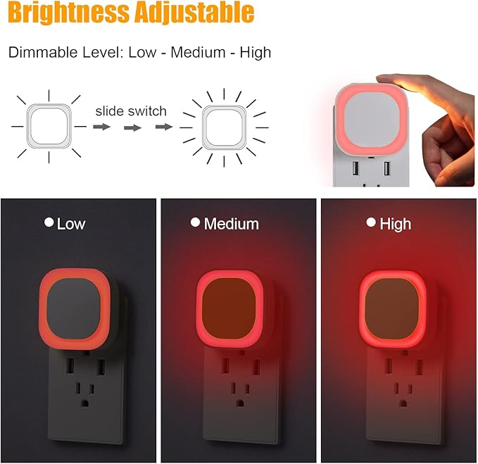 YUNLEX 2 Pack Red Night Light with Dusk to Dawn Sensor, Eye-Care Reflected Glow, 0% Blue Light True Red LED, 3-Level Brightness, Auto On/Off, Plug-in Nightlight for Sleep, Kids, Bedroom, Bathroom