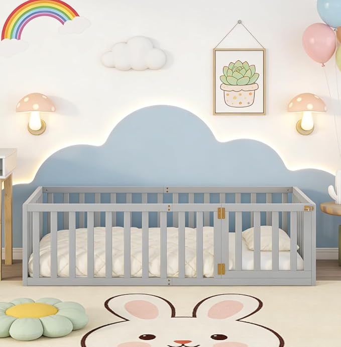 Bellemave Twin Size Montessori Floor Bed with 21.7" High Rails, Pine,Plywood Floor Bed with Small Door, Grey