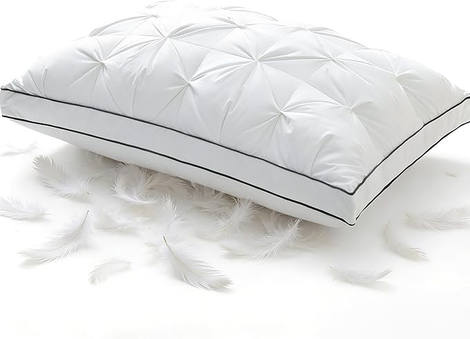 Premium Hybrid Goose Feather Down Pillows Queen Size with 100% Organic Cotton Cover, Hotel Collection Bed Pillows for Sleeping, White Fluffy Soft Gusseted Pillows (18"x28"+2"Gusset, Pack of 1)