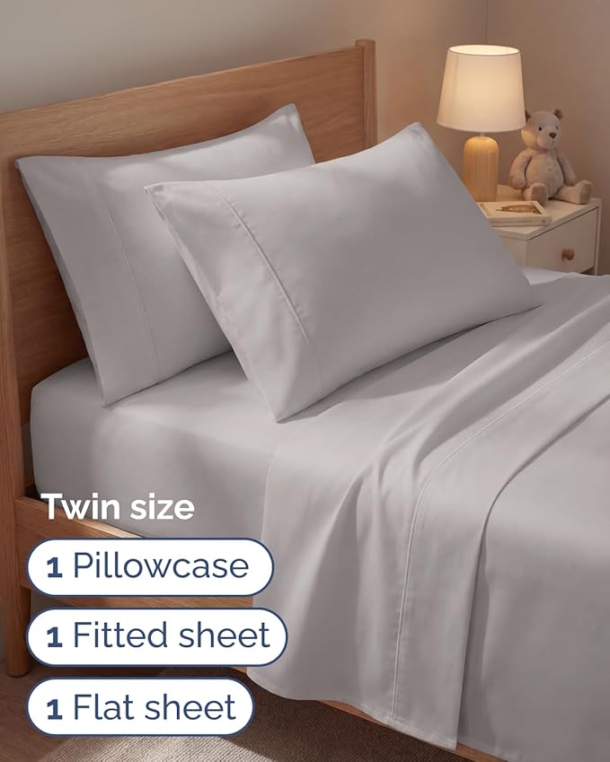 Twin 4 Piece Sheet Set - Comfy, Breathable & Cooling - Hotel Luxury Bedding for Women, Men, Kids, Teens & Children - 1 Flat & 1 Fitted Sheet & 2 Pillowcases w/ Deep Pockets - Wrinkle Free - Light Grey