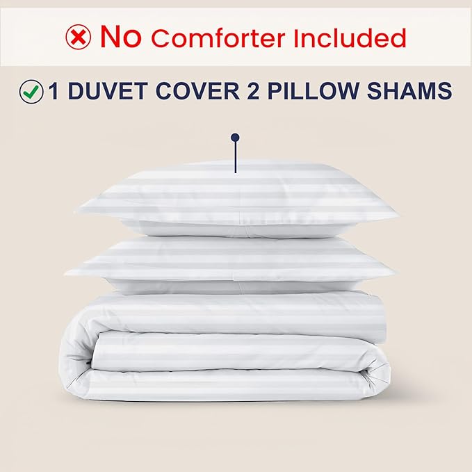 Kotton Culture 3 Pc King Size Duvet Cover Set- 100% Egyptian Cotton 600 Thread Count Ultra Soft Premium Durable Comforter Cover Zipper Closure & Corner Ties (Striped White, King 104"x94")