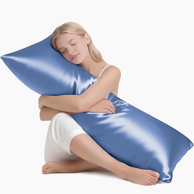 MR&HM Satin Body Pillow Cover, Soft and Breathable Body Pillow Case with Envelope Closure, Cooling and Silky Long Pillowcase for Hair and Skin,Grey (20x54, Sky Blue)