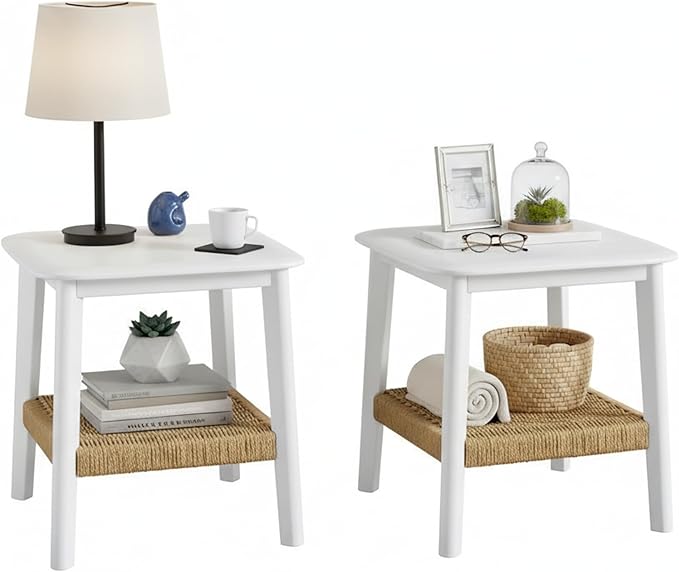Alaterre Furniture Calais 2-Tier Small End Table with Woven Storage Shelf – Set of 2 Mid Century Modern Wooden Nightstand or Side Table for Small Spaces, Living Room & Bedroom (White)