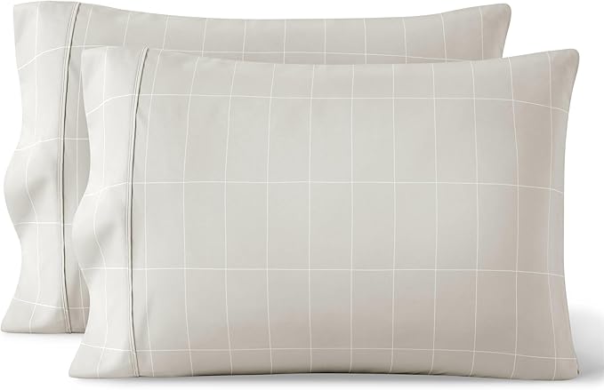 Bare Home Microfiber Pillow Cases - Standard/Queen Size Set of 2 - Cooling Pillowcases - Double Brushed - Pillowcases 2 Pack - Easy Care (Standard, Grid – Stone/White)
