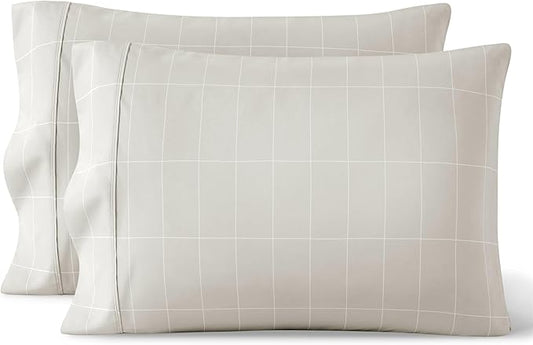 Bare Home Microfiber Pillow Cases - Standard/Queen Size Set of 2 - Cooling Pillowcases - Double Brushed - Pillowcases 2 Pack - Easy Care (Standard, Grid – Stone/White)