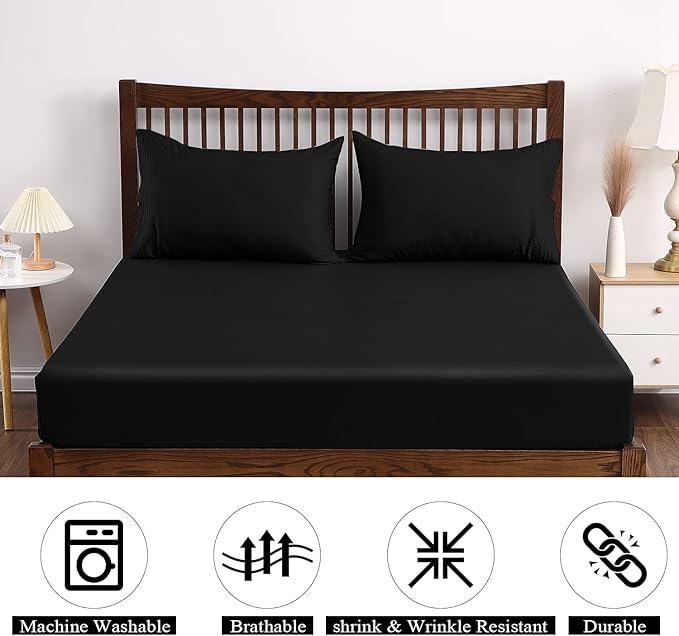 2-Pack Pure Cotton Fitted Sheet Full Size, 600 Thread Count 16" Deep Pocket Egyptian Cotton Fitted Sheet (2pcs, Full, Black)