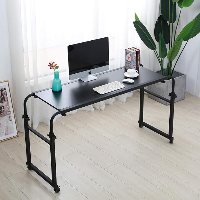 TigerDad Overbed Table with Wheels, Rolling Desk for King Queen Full Bed Heavy Duty, 55"-83" Adjustable Length & Height Hospital Nursing Table, Mobile Cross Bed Laptop Stand for Home Work, Black
