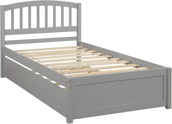 Ball & Cast Trundle Bed Twin,Twin Trundle Bed Frame Roll Out,Solid Wood Bed Frames with Headboard and Wooden Slats Support,for Bedroom,Guest Room,Apartment,Gray