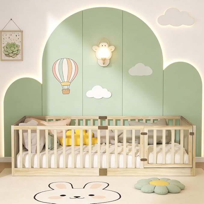 Bellemave Twin Size Montessori Floor Bed with 21.5" High Rails, Rubber Wood Twin Floor Bed with Slats and Door, Natural