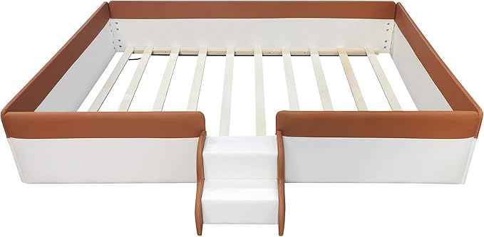 Merax Full Size Daybed Frame with Fence and Stairs, Upholstered Wood Bed for Living Room, Floor Bed, White+Brown