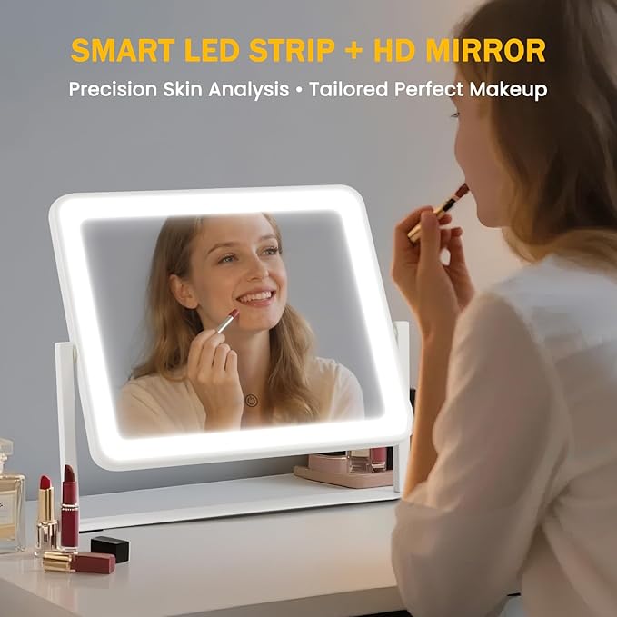 Vanity Mirror with Lights, 14"×12" LED Makeup Mirror, HD Professional Mirror, Smart Touch with 3-Color Lighting, Dimmable, 360° Rotation, Lighted Up for Makeup Desk, Bedroom (White)