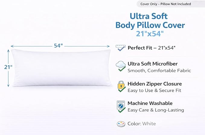 Evolive Ultra Soft Microfiber Body Pillow Cover/Pillowcases 21"x54" with Hidden Zipper Closure (21"x54" Body Pillow Cover, White)