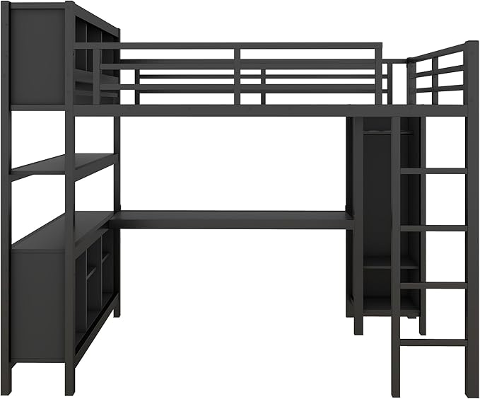 Full Size Loft Bed with L Shaped Desk, Wardrobe and Storage Shelves, Metal Heavy Duty Loft Bed Frames with Ladder and Guardrails for Kids, Teens, Juniors, Space Saving (Black, Full)