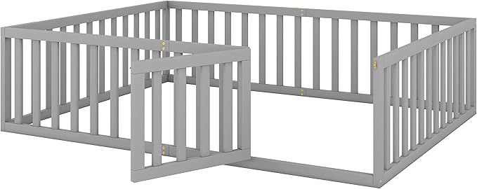 Bellemave Queen Size Montessori Floor Bed with 21.7" High Rails, Pine,Plywood Floor Bed with Small Door, Gray