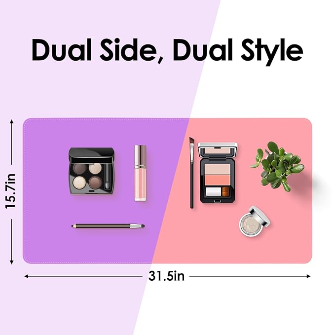 Makeup Mat for Vanity to Protect Desk Top 31.5 x 15.7 in, Dual-Sided Makeup Mat, Easy to Clean Desk Pad - Waterproof and Oilproof Vanity Accessories (Purple and Pink)