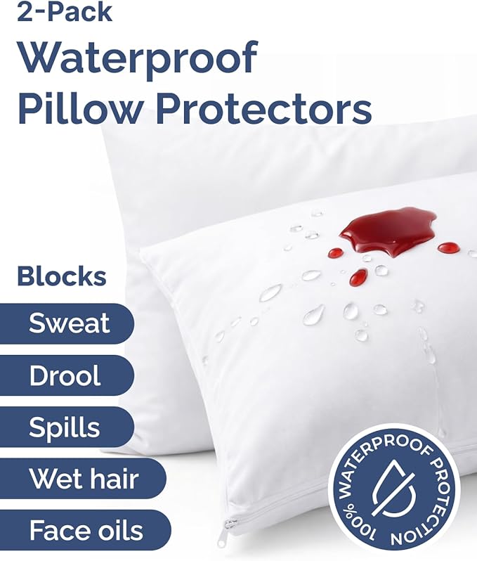 Set of 2 Pillow Protectors with Zipper - Standard Size - Bed Bug and Dust Mite Proof Pillow Covers - Noiseless, Moisture Wicking & Waterproof Pillowcases - Soft, Breathable & Machine Washable (White)