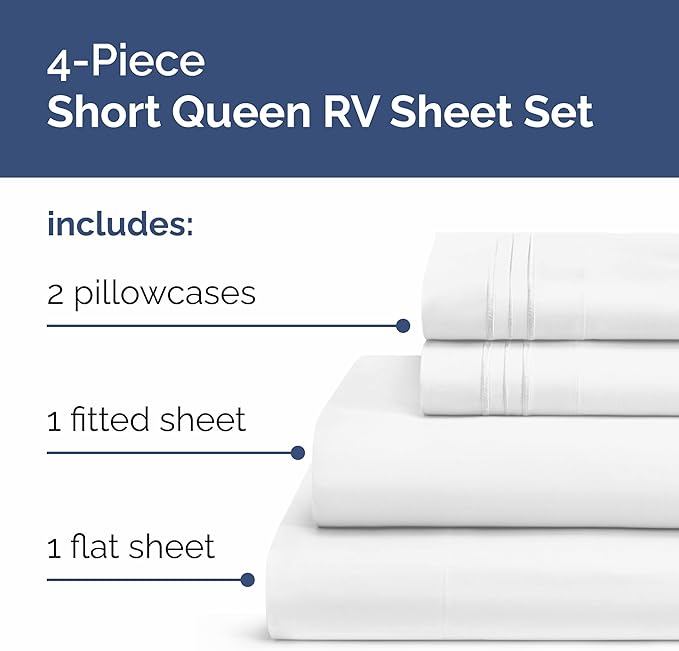Short Queen Size 4 Piece Sheet Set - RV Short Queen, Ultra-Soft, Breathable & Cooling Bed Sheets Set with Deep Pockets - Hotel Luxury Bedding for Women & Men - Wrinkle Free & Fade Resistant - White