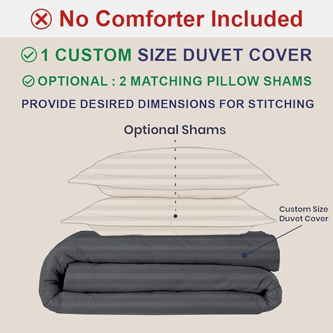 Kotton Culture Custom Duvet Cover - 100% Egyptian Cotton 600 Thread Count Soft Breathable Customizable Comforter Cover(Desired Dimensions)- Zipper Closure & 7 Internal Ties - Striped Dark Grey