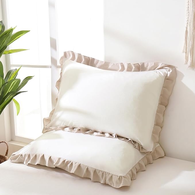 Merryword Beige Pillow Ruffled Shams White and Beige Reversible King Pillowcases Cute Pillow Cover Set of 2 Soft Shabby Chic Pillowcases 2 Pack (King (20''x36''), White Beige)