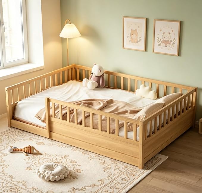 Bellemave Full Floor Bed with high Fence, Solid Pine Wood Montessori Bed for Kids Girls Boys Floor Bed Frame, Natural with slats