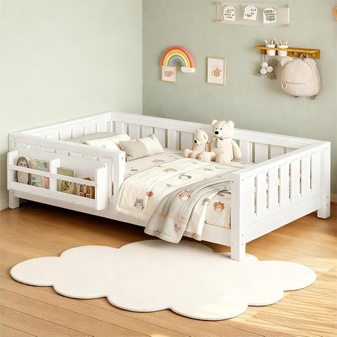 Bellemave Twin Floor Bed Frame with Fence & Bookshelf, Solid Pine Wood Twin Montessori Floor Bed with Slats Load 300LBS, Low Profile Floor Bed for Kids, Bedroom, Nursery, Easy Assembly, White