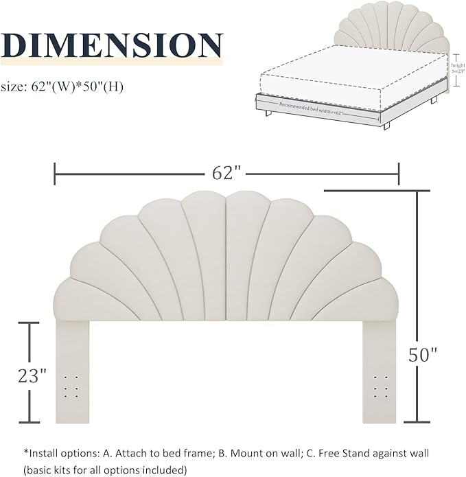 Befurtori Queen Size Headboard Only, Petal Wall Mount Headboard Queen/Full Size for Adjustable Bed Velvet Upholstered Head Board Easy Assembly, Cream