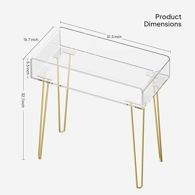 Eglaf Acrylic Vanity Desk - Small Makeup Vanity Table - Dressing Table for Bedroom, Dressing Room, Large Storage Space, 31.5'' L x 15.7'' W x 32.1'' H, Gold Metal Legs