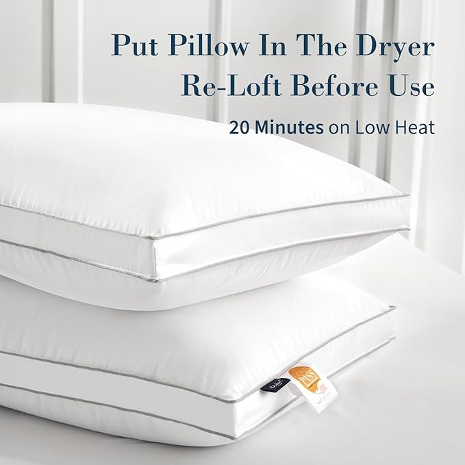 Globon Luxury Feather Down Pillow King Size,Low Soft Gusseted Bed Pillows for Sleeping, Hotel Collection Fluffy Pillow, 18"X34", Set of 2