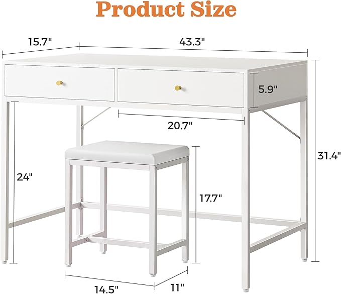 SUPERJARE 43-inch White Desk with 2 Drawers and Padded Stool, Modern Makeup Vanity & Computer Desk with Storage for Home Office, Bedroom Study