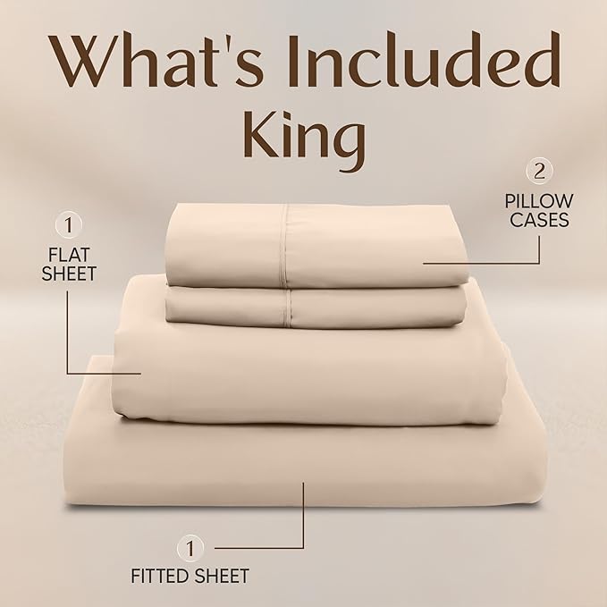 Utopia Bedding King Size Sheet Set – 4 Piece Bed Sheets, Soft and Breathable Microfiber, Includes 1 Fitted Sheet, 1 Flat Sheet and 2 Pillowcases – Oeko Tex (Beige)
