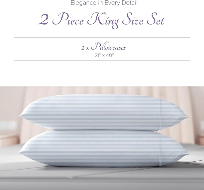 Carressa Linen 100% Egyptian Cotton King Size Pillow Cases Set of 2 - Luxury 600 Series Hydrangeas Collection Damask King Pillowcases (Light Blue Stripe), Soft, Cooling Breathable Sateen Hotel Quality