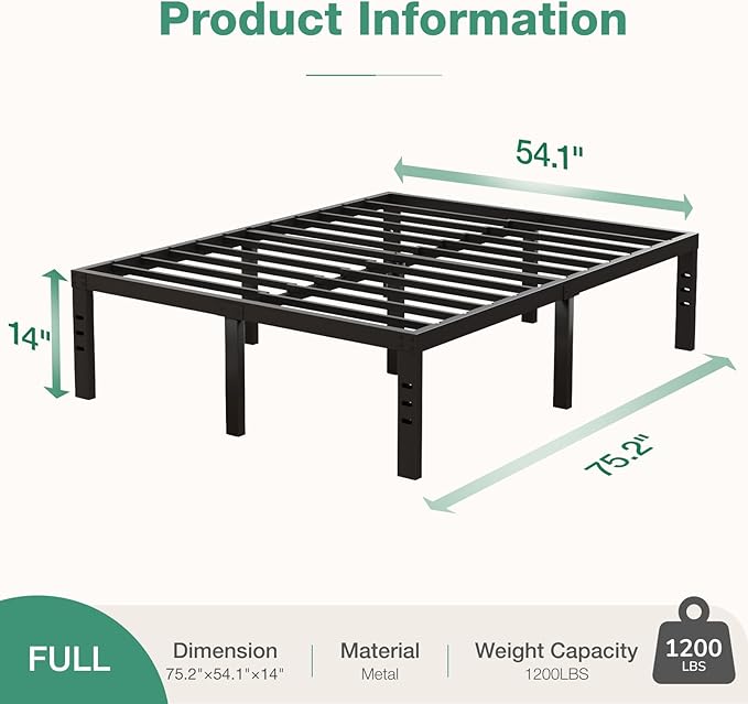 Novilla Full Size Bed Frame, 14 Inch Metal Platform Bed Frame Full Size with Storage Space Under Bed, Heavy Duty Steel Slat Support, Easy Assembly, No Box Spring Needed