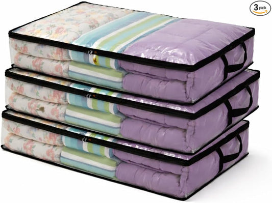 Clear PVC Under Bed Storage Bags for Clothes – Waterproof Zippered Blanket & Comforter Organizer, Foldable Space-Saving Storage (3 Pack, 49L)