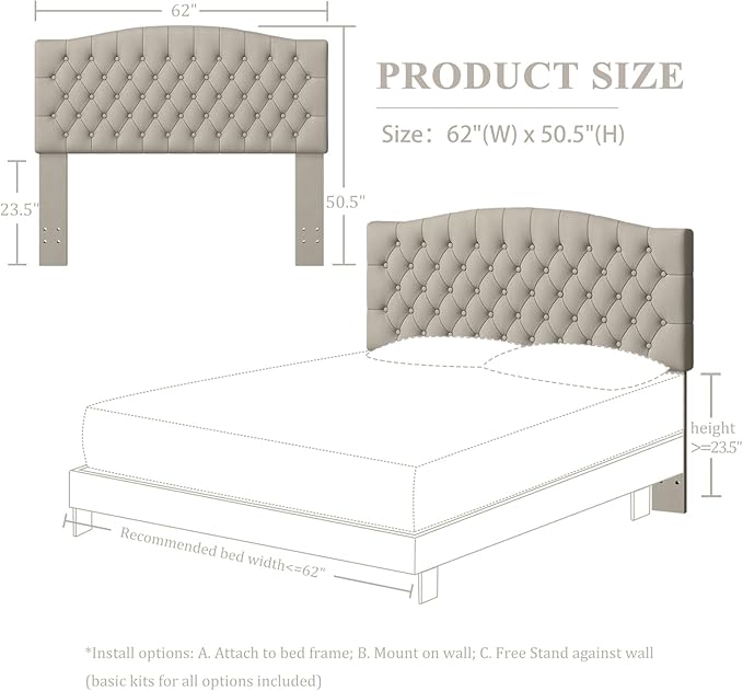 Furpopup Velvet Upholstered Headboard Queen/Full Size Latest Model Wall Mount, Bed Frame Mount, Featuring High-Density Sponge Padding, Luxury Texture Easy Assembly-Light Warm Gray/Taupe