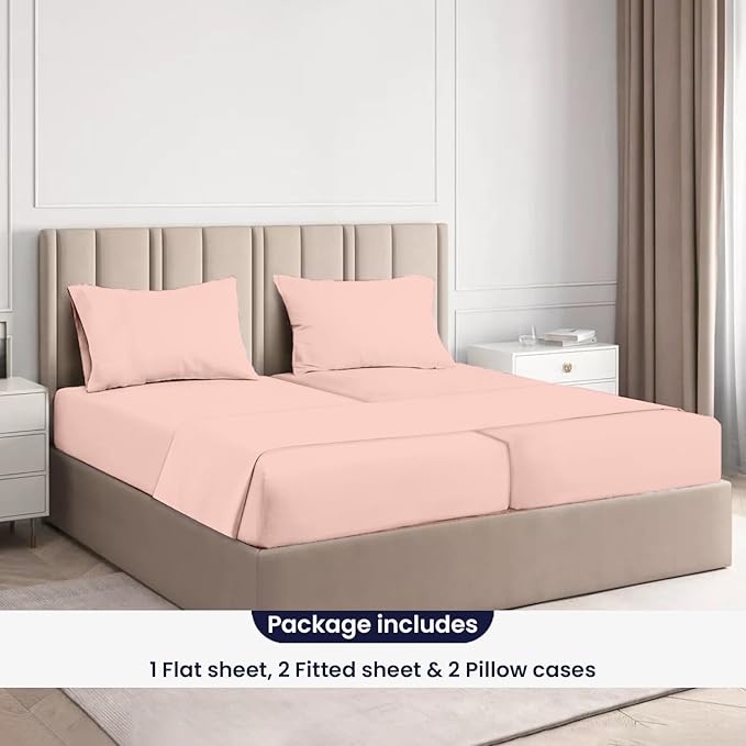 SGI Split King Sheet Set for Adjustable Bed Egyptian Premium Cotton 600 Thread Count Sheets for Sleep Number Bed 15" Deep Pocket 5 Pc Set with 2 Twin XL Fitted Sheets Soft Breathable -Peach