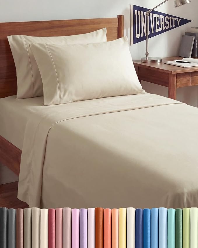 Twin XL 4 Piece Sheet Set - Comfy, Breathable & Cooling - Hotel Luxury Bedding for Women, Men, Kids, Teens and Children - 1 Flat & 1 Fitted Sheet & 2 Pillowcases w/ Deep Pockets - Wrinkle Free - Wheat